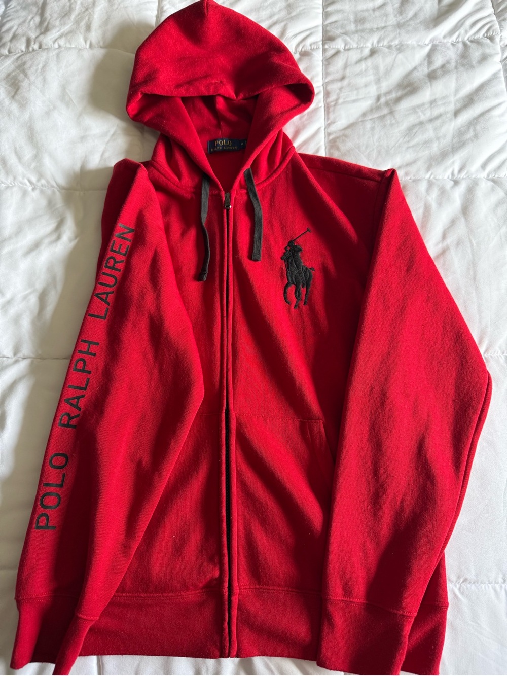 Ralph Lauren Red Zip Hoodie with Black Pony & Sleeve Logo
